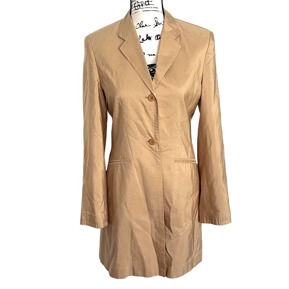 Vintage 1980s 100% Silk Peacoat Sand Tan Coat Long Blazer Jacket Quiet Luxury